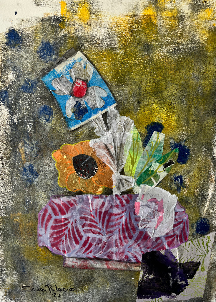 Abstract artwork with flowers and a small painting on a textured background