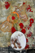 Abstract art piece with red and brown elements on a textured background