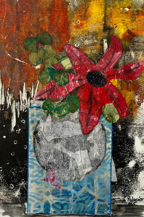 abstract red flower collage in a blue and white vase