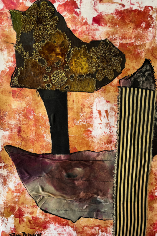 abstract floral arrangement made out of fabric, red background