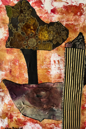 abstract floral arrangement made out of fabric, red background