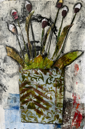 abract flower arrangement collage in a olive green and gray vase