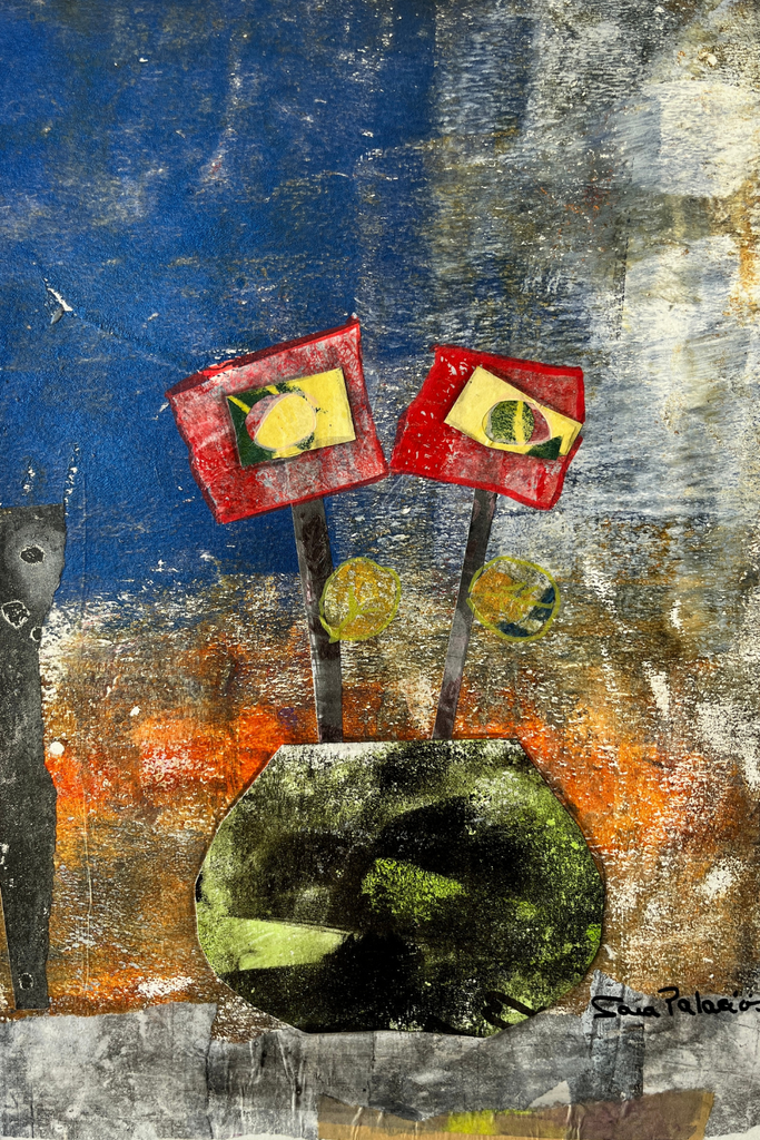 abstract flowers collage in a black vase