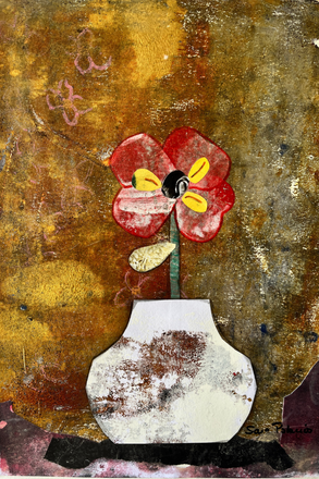 abstract flower collage in a white vase
