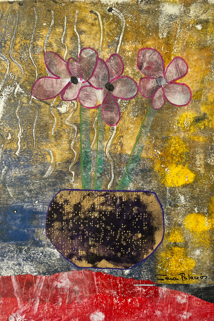 abstract pink floral collage in a vase with a gold background
