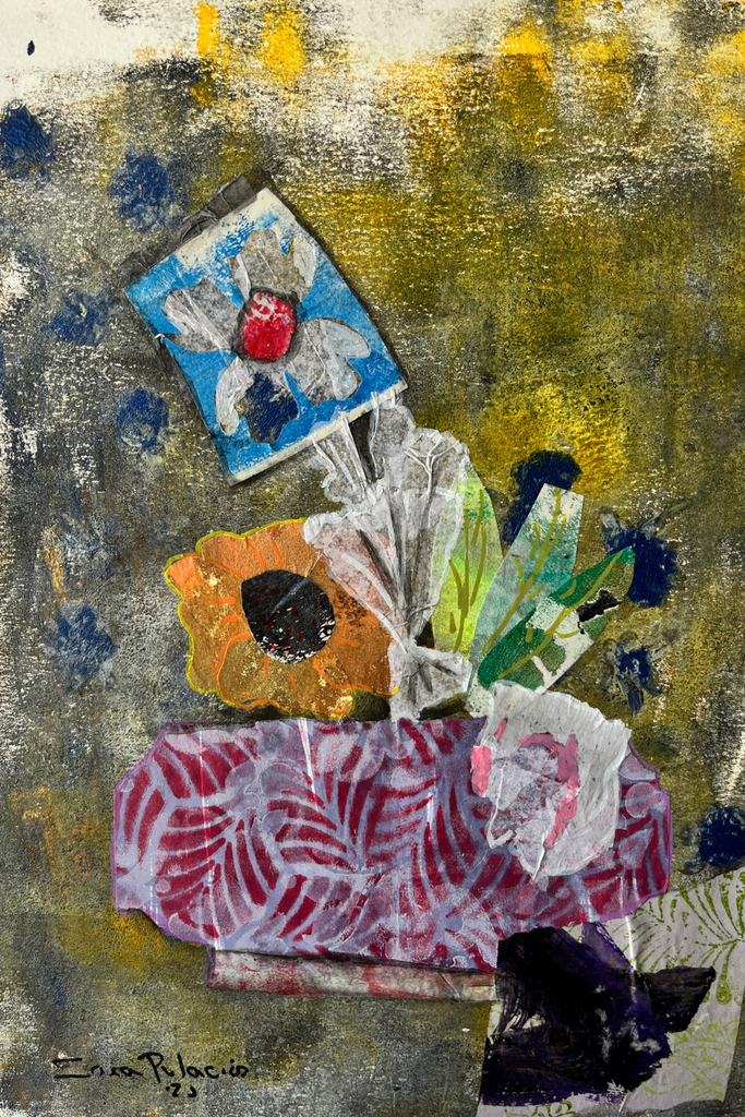 abstract flowers collage in a silver red vase