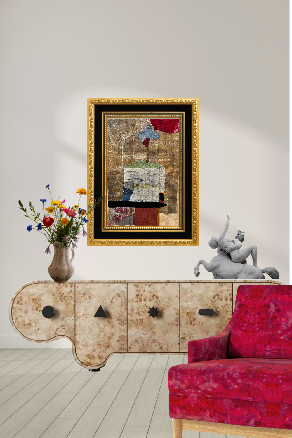 Original textile collage inspired by the Damask rose with hand-stitched fabrics, antique lace, velvet, gold textures, and layered mixed media.
