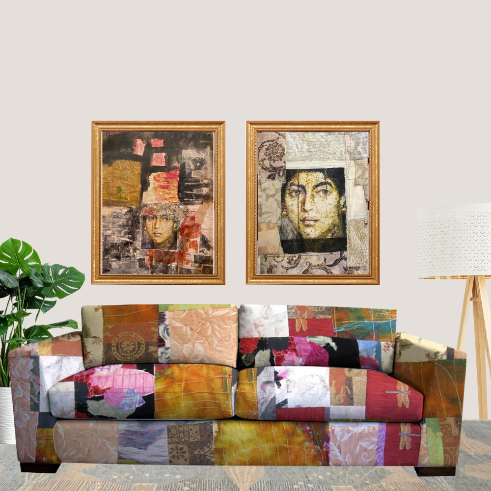 Colorful patchwork sofa with two framed artistic portraits on a light gray wall.