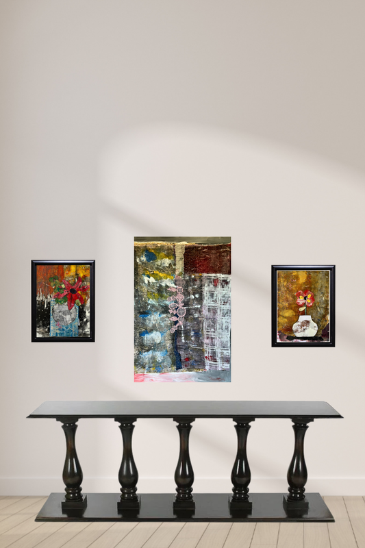 Original textile-on-paper abstract artwork  on top of a console with two floral collages
