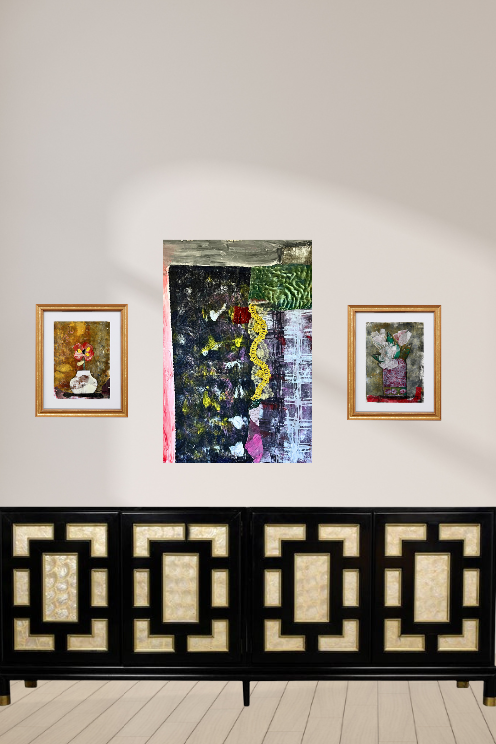 3 images an  riginal textile-on-paper mixed-media artwork featuring dark abstract textures, stitched yellow textile ribbon, green quilted fabric, layered collage, and acrylic paint. 2 framed floral collages
