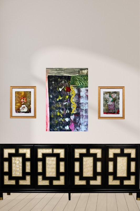3 images an  riginal textile-on-paper mixed-media artwork featuring dark abstract textures, stitched yellow textile ribbon, green quilted fabric, layered collage, and acrylic paint. 2 framed floral collages
