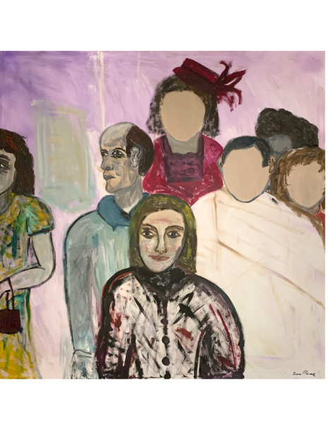 Artistic depiction of an artwork, about group of people with a purple background