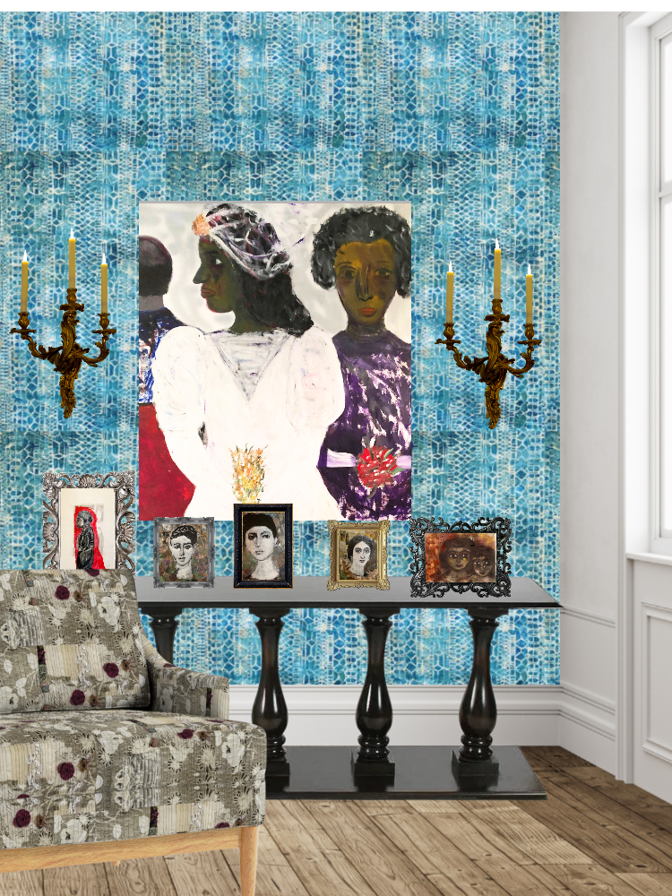 Room interior with a textured blue wall, framed pictures, and a table.