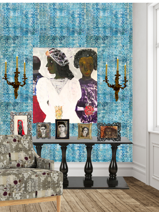 Room interior with a textured blue wall, framed pictures, and a table.