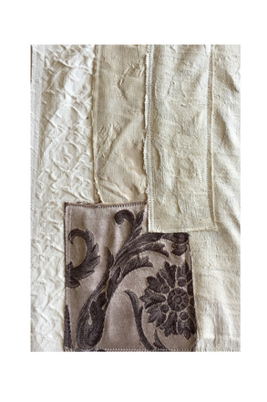 Textured fabric with a floral pocket detail on a white background