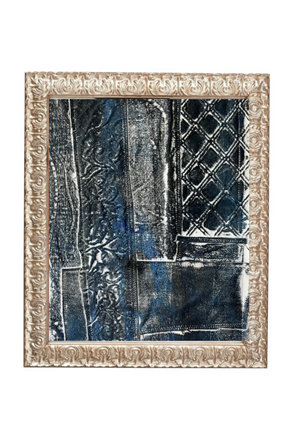 Decorative rug with intricate patterns and a textured border on a white background