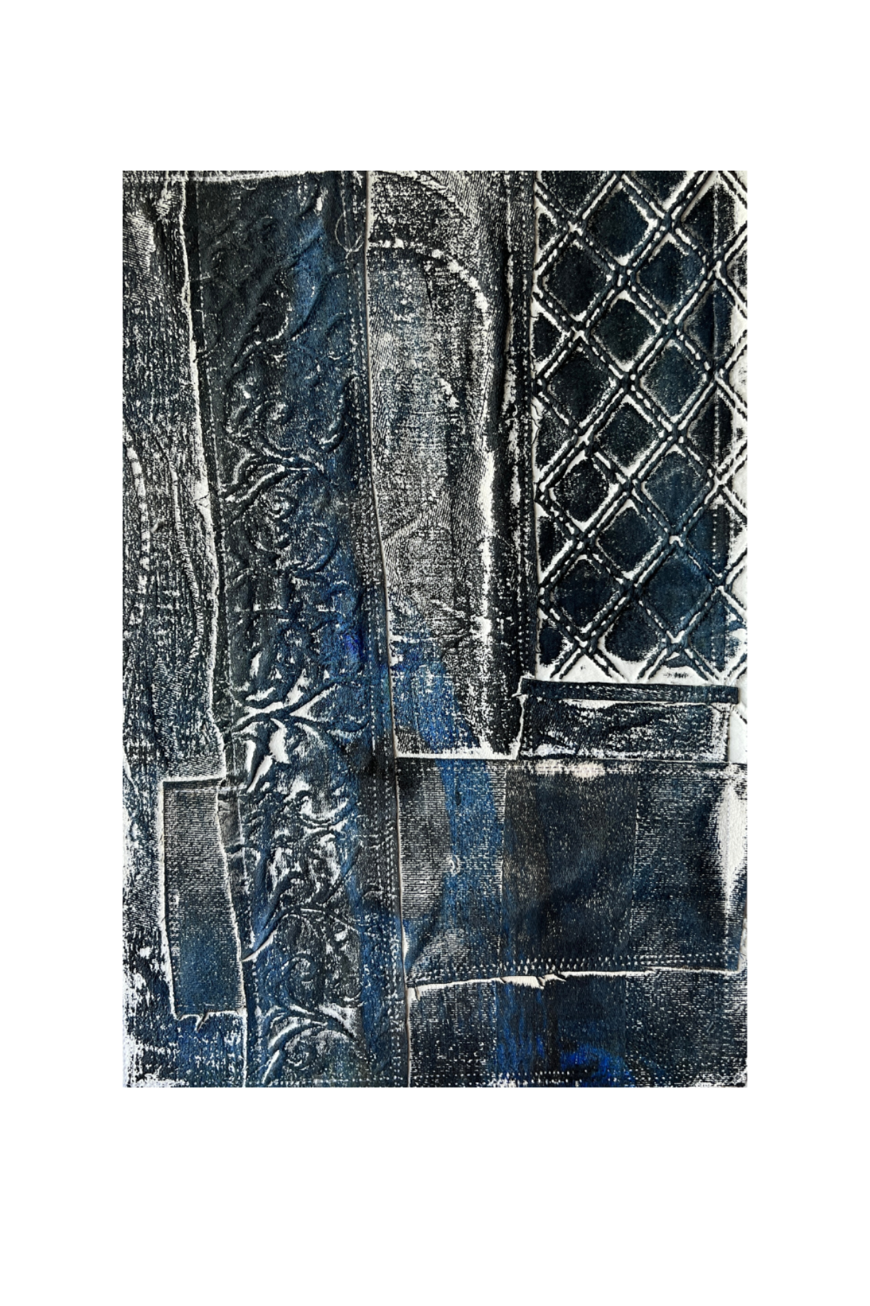 Abstract art piece with black, white, and blue patterns on a white background