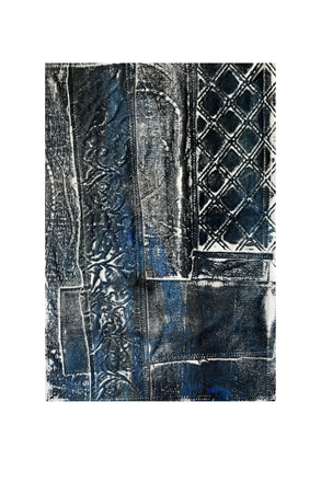 Abstract art piece with black, white, and blue patterns on a white background