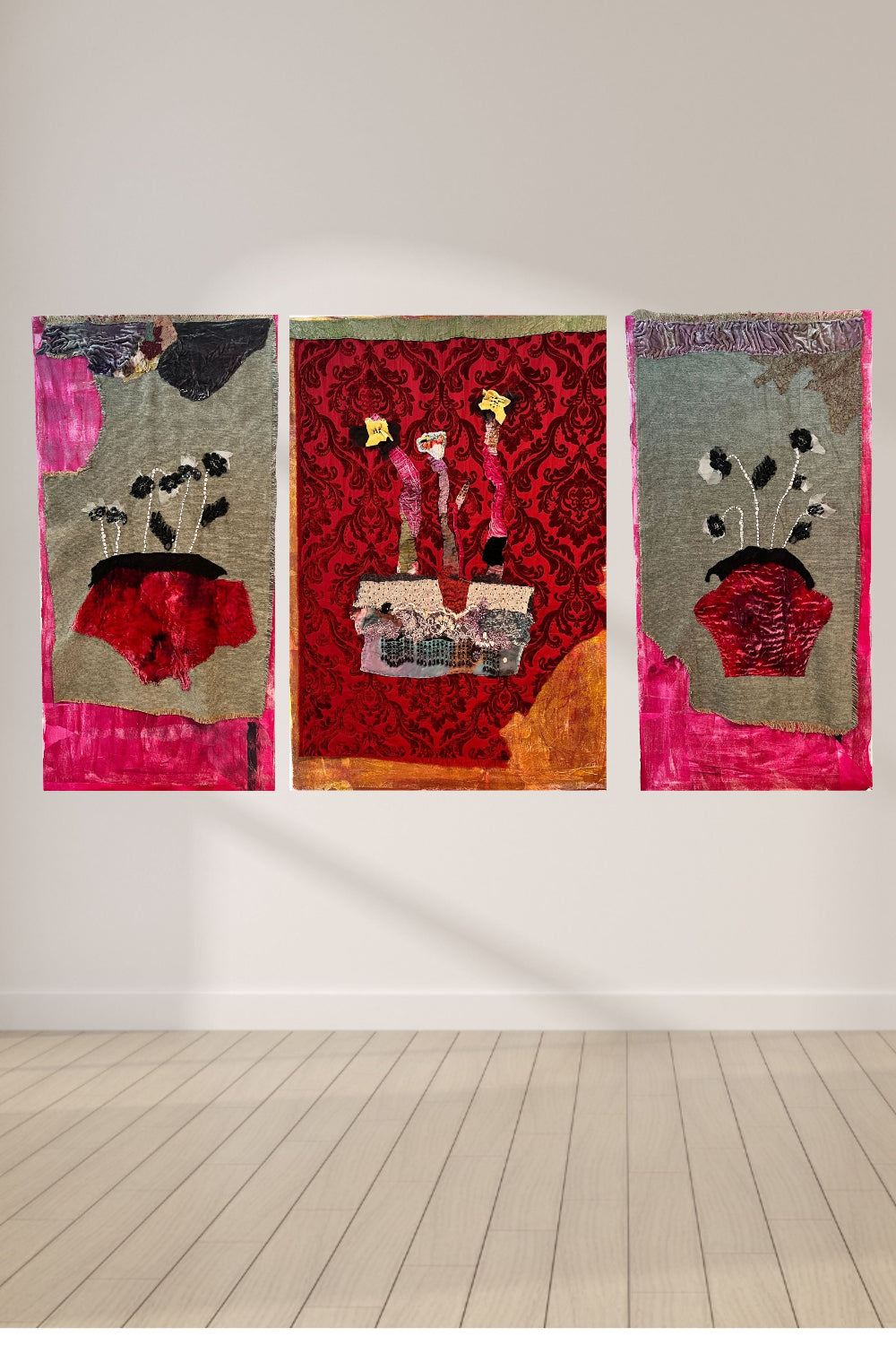 triptych red floral textile art