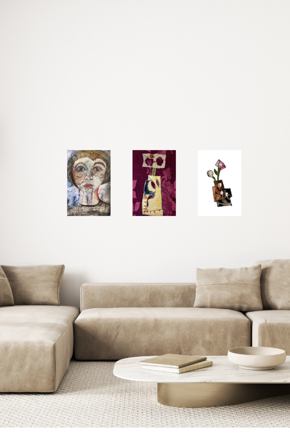 Modern living room with a beige sectional sofa and three wall art pieces.