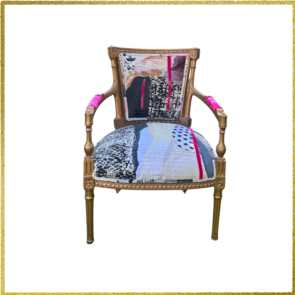 Decorative chair with patchwork seat and backrest on a white background