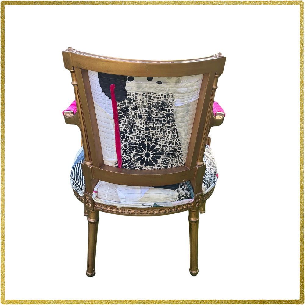 Chair with a decorative backrest and seat featuring a mosaic pattern on a white background