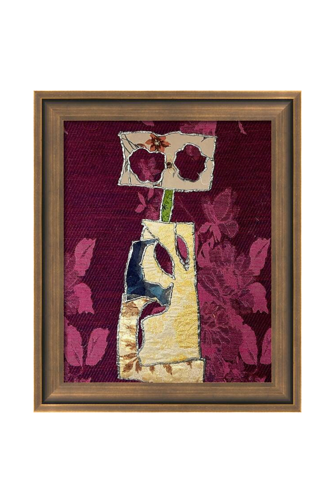 Framed artwork with abstract design on a floral background