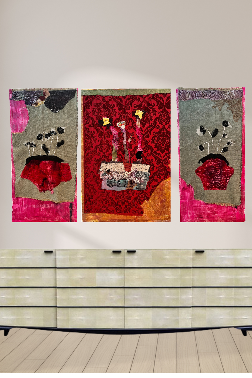 Venetian Night triptych by Sara Palacios, featuring three original textile-collage panels with crimson-velvet floral forms, layered fabrics, lace, beads, and rich Venetian-inspired textures in shades of red, pink, black, and gold.
