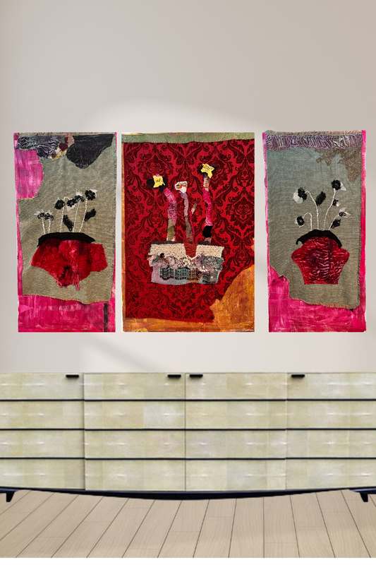 Venetian Night triptych by Sara Palacios, featuring three original textile-collage panels with crimson-velvet floral forms, layered fabrics, lace, beads, and rich Venetian-inspired textures in shades of red, pink, black, and gold.
