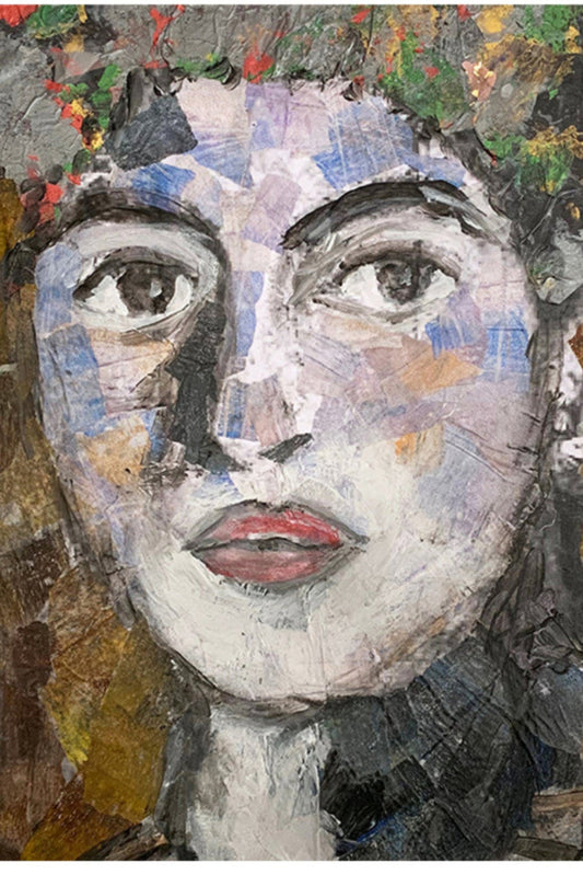 Collage portrait of a woman with red lips, expressive eyes, and a crown of abstract floral textures, created from layered hand-painted paper.