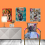 Decorative chair with colorful cushions in front of an orange wall with three abstract paintings.