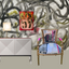 Decorative chair with colorful cushion in front of abstract wall art