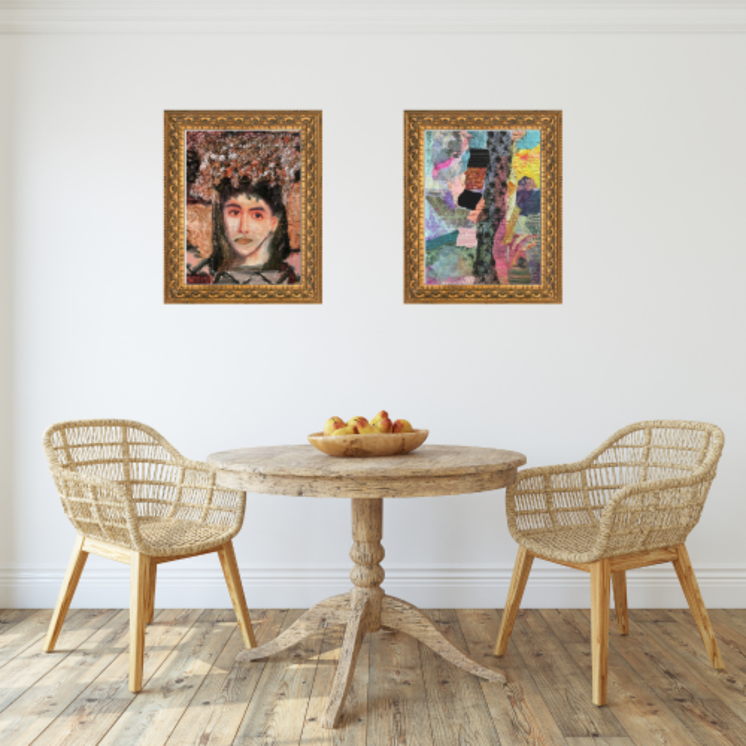 Wall art. Dining room with a round wooden table and two wicker chairs, featuring two framed artworks on the wall.