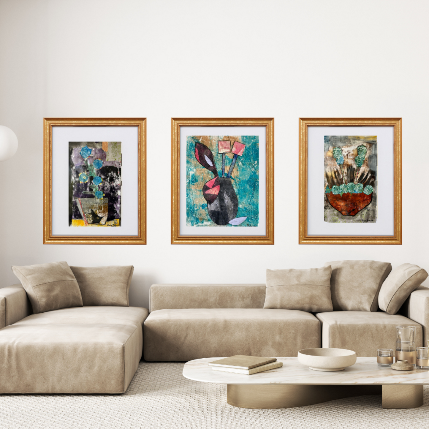 Floral Wall Fine Art Print. Three framed artworks above a beige sectional sofa in a living room.