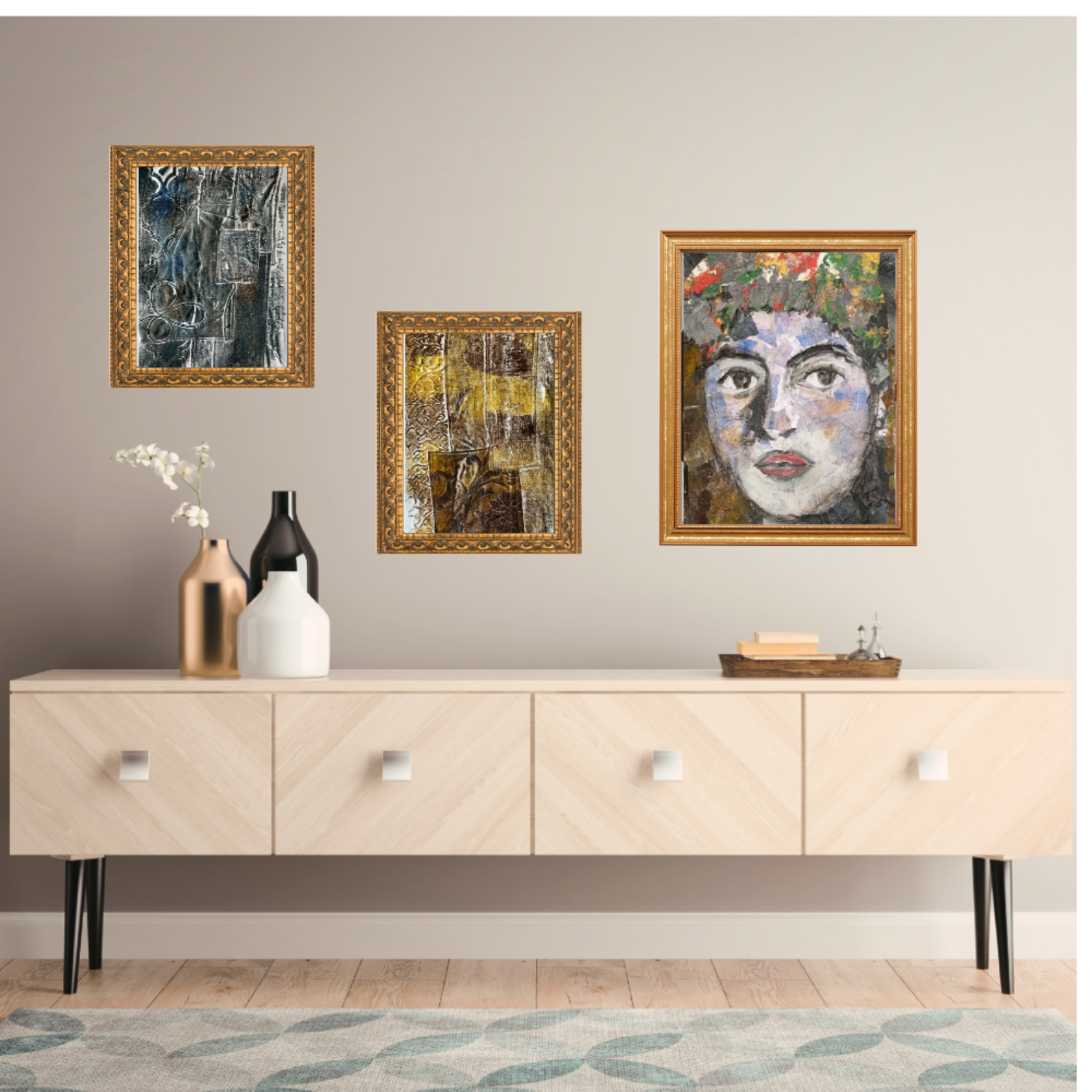 Wall art. Framed artworks on a wall above a wooden cabinet with decorative items.