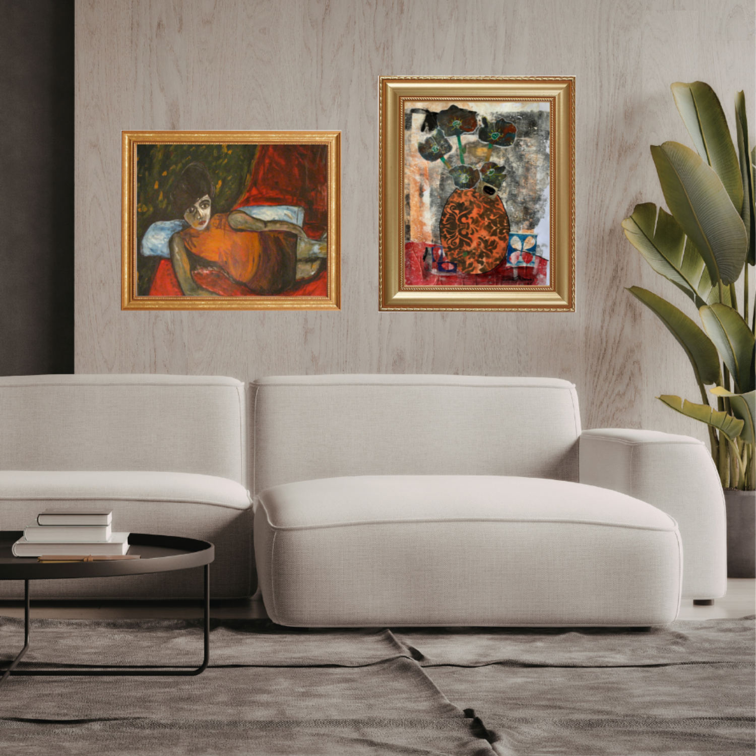 Wall art. Modern living room with a white sofa, framed abstract paintings on the wall, and a potted plant.