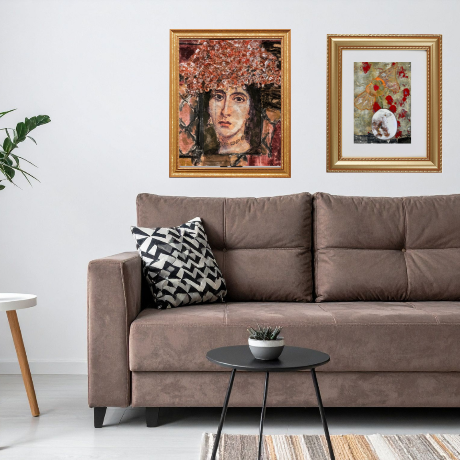 Wall art. Living room with a brown sofa, decorative pillows, and framed artworks on the wall.