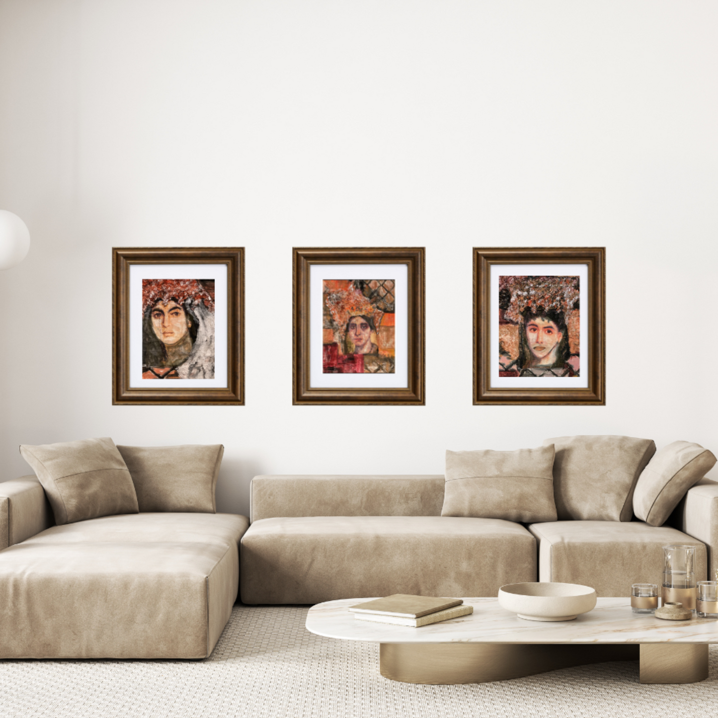 Wall art. Living room with a beige sectional sofa and three framed artworks on the wall.