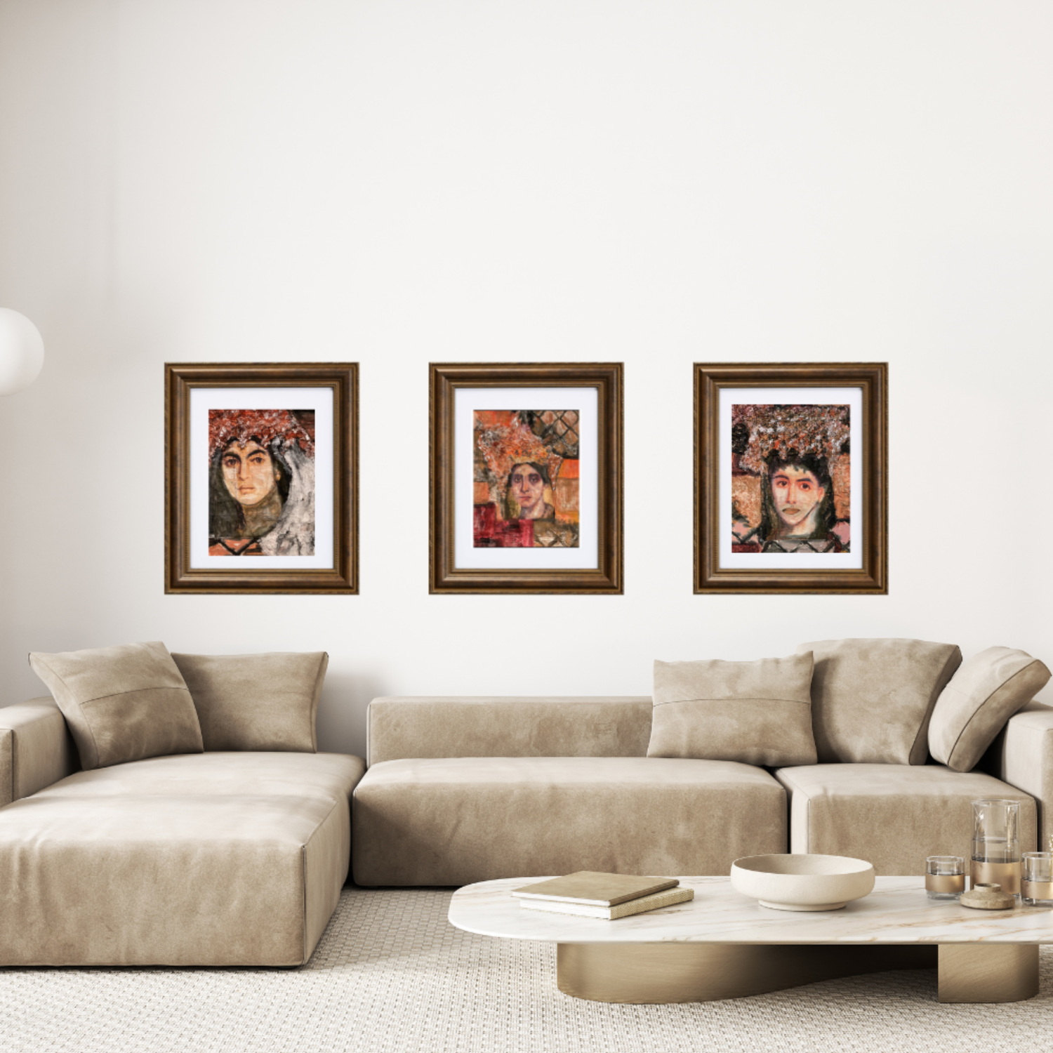 Wall art. Living room with a beige sectional sofa and three framed artworks on the wall.