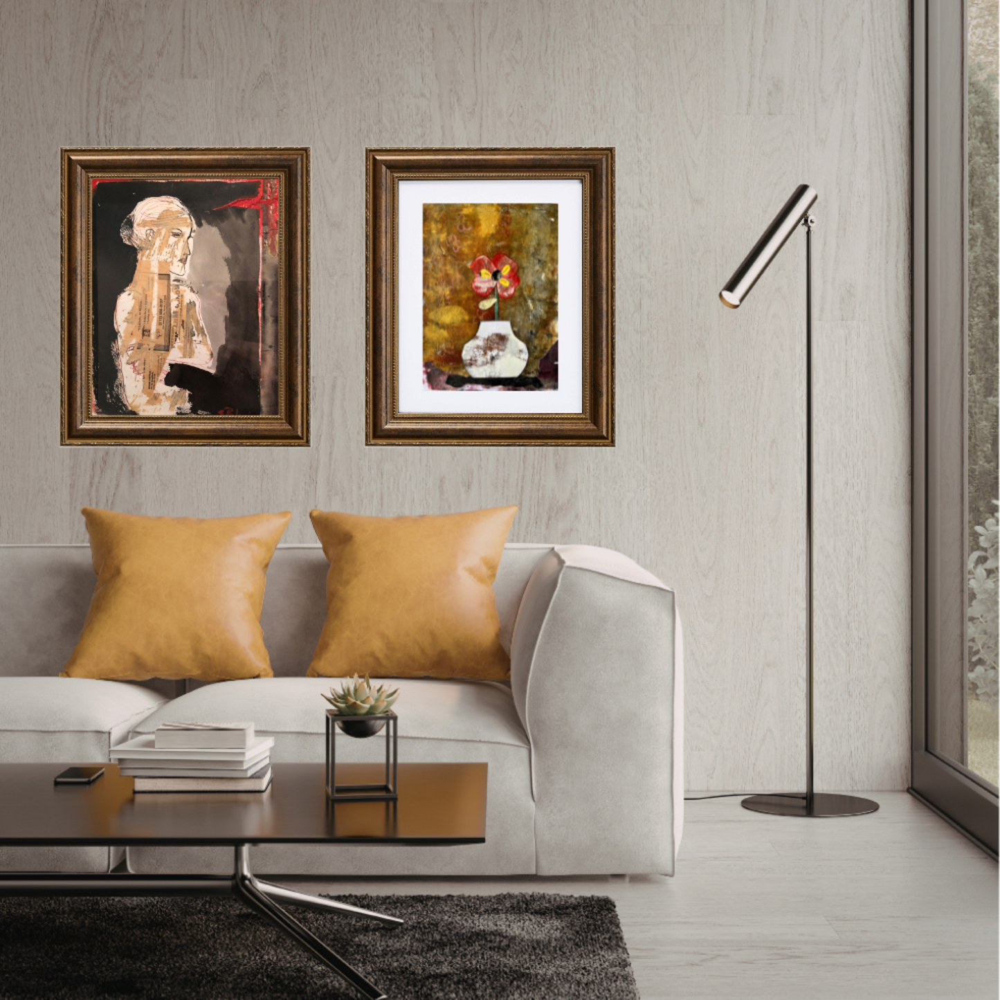 Wall art. Living room with a gray sofa, yellow cushions, a coffee table, and framed artworks on the wall.