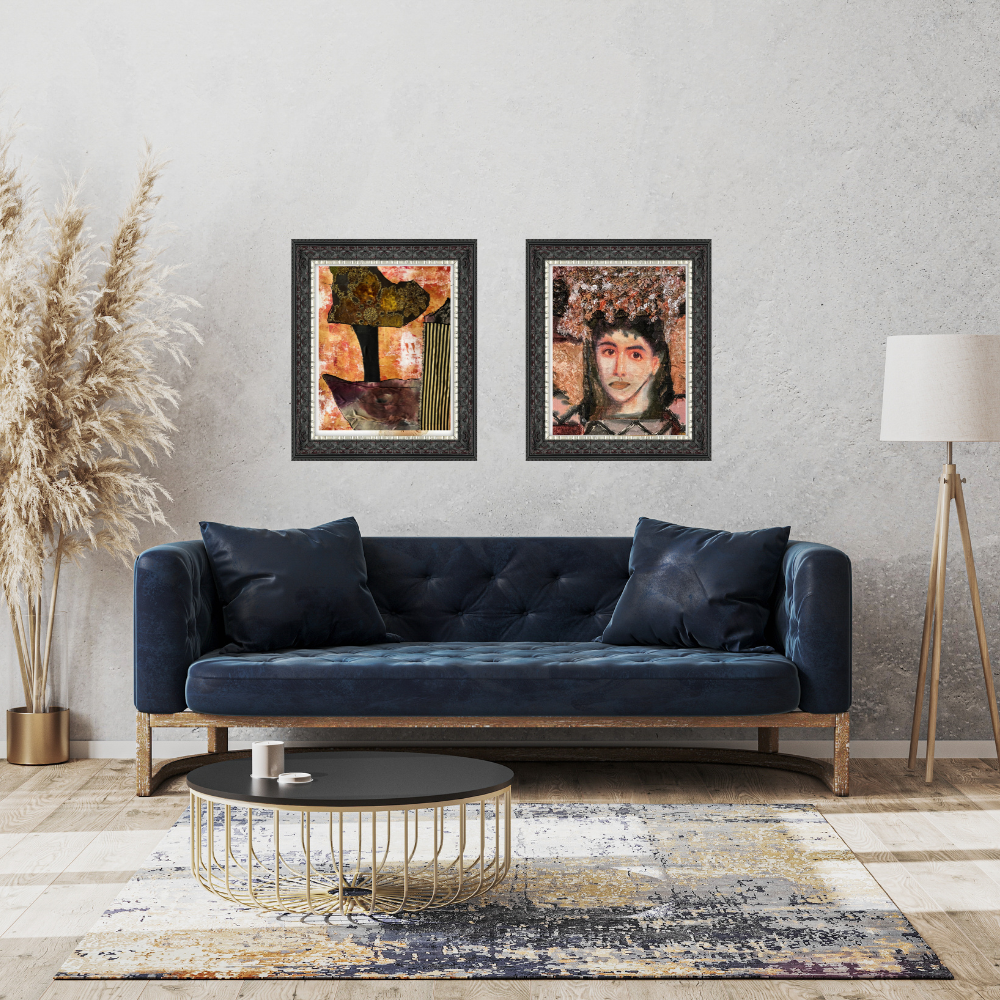 Floral Wall Fine Art Print, Modern living room with a navy blue sofa, round coffee table, and wall art.