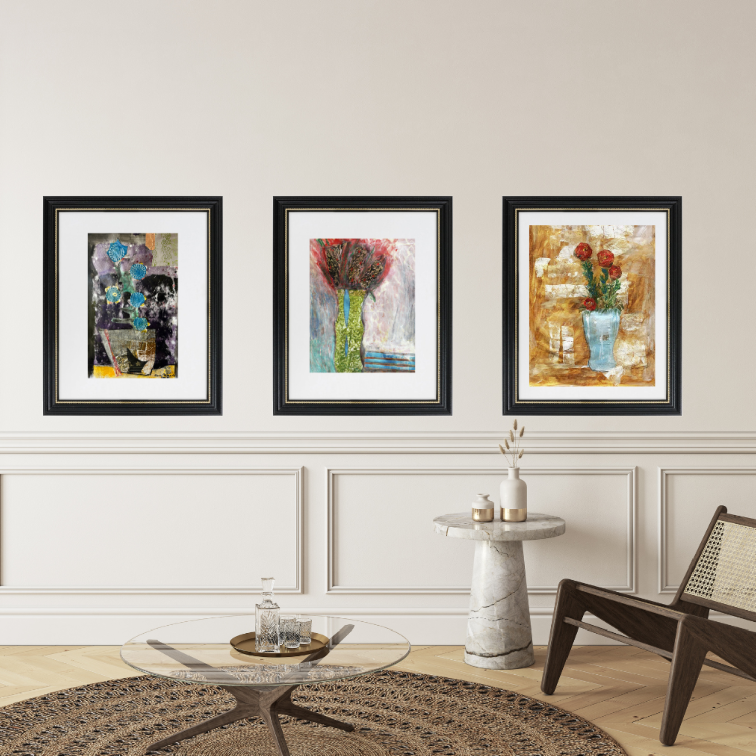 Floral Wall Fine Art Print. Three framed abstract artworks on a wall above a coffee table in a living room.