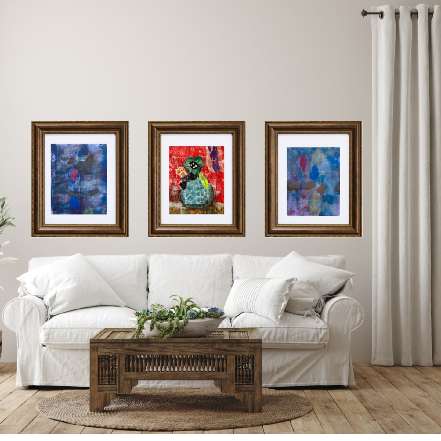 Floral Wall Fine Art Print. Living room with a white sofa, wooden coffee table, and three framed artworks on the wall.