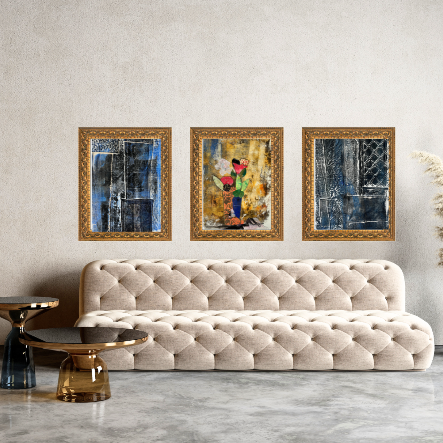  Floral Wall Fine Art Print. Beige tufted sofa in a living room with three framed artworks on the wall.