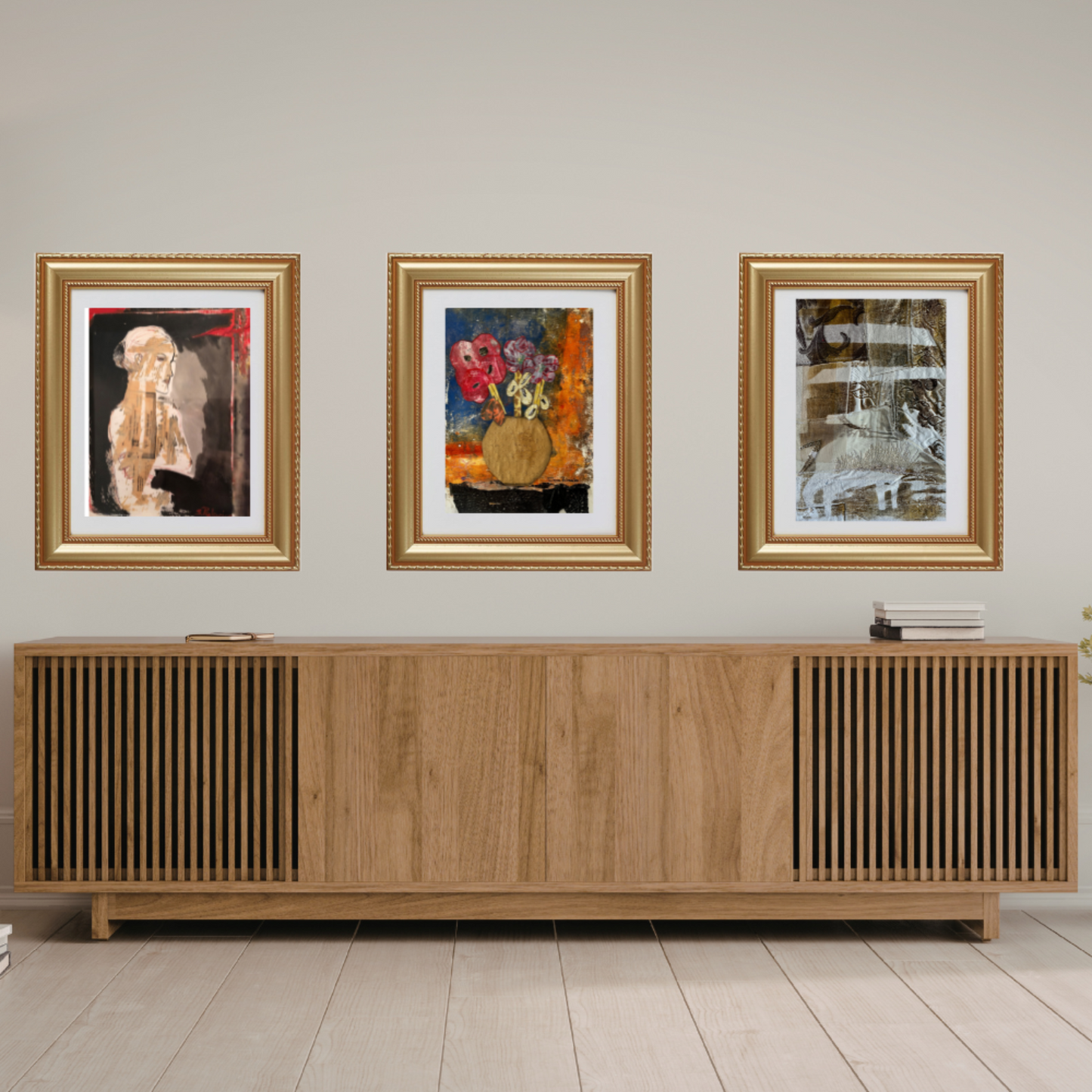 Floral Wall  Fine Art Print. Wooden sideboard with three framed artworks on a light gray wall.