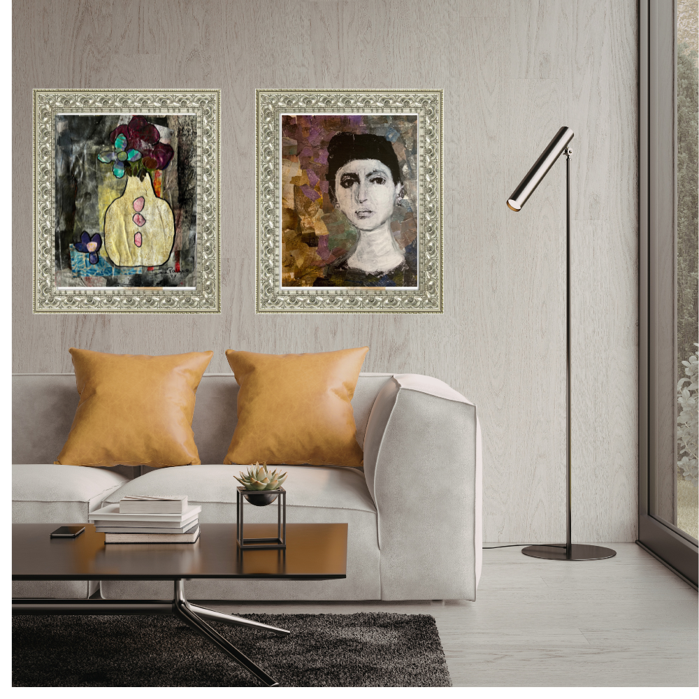 Wall art. Living room with two framed artworks on the wall, a sofa with yellow cushions, and a floor lamp.