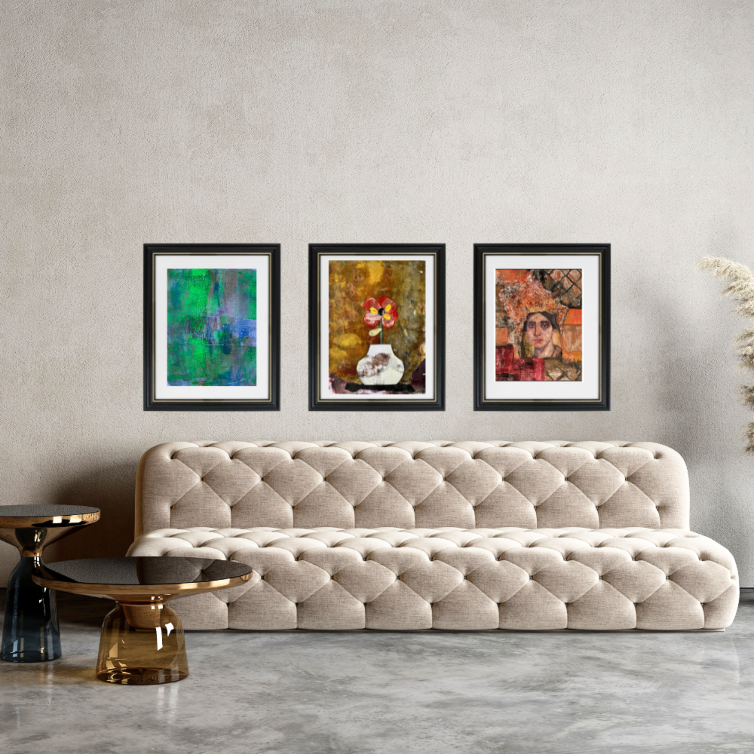 Floral Wall Fine Art Print. Beige tufted sofa in a living room with three framed artworks on the wall.