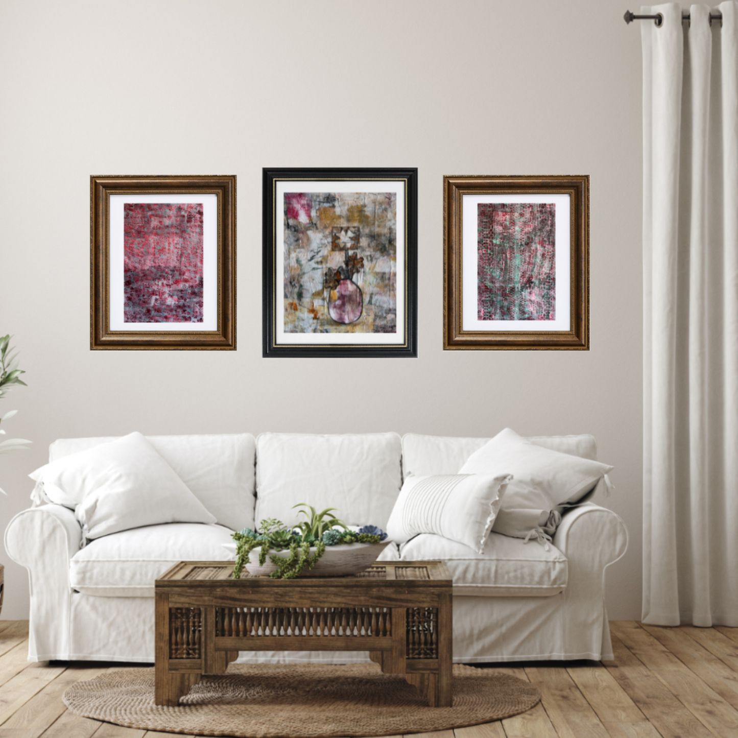  Floral Wall Fine Art Print. Living room with a white sofa, wooden coffee table, and abstract art on the wall.
