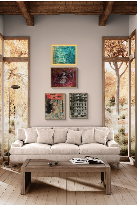 Living room with a beige sofa, wooden coffee table, and wall art.