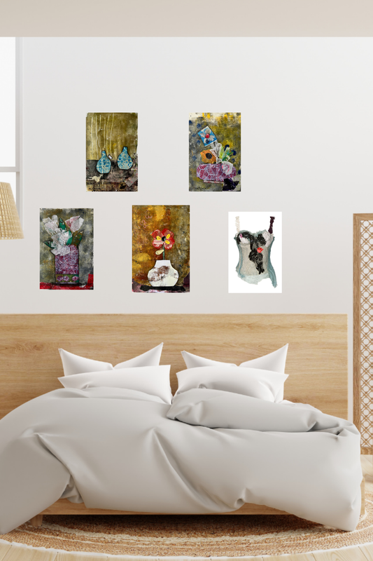 Bedroom with a wooden headboard and decorative wall art above it.